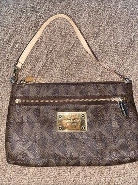 Michael Kors Brown Logo Zip Wristlet with Cream Strap